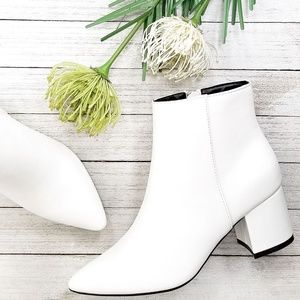 New White Chunky Heel Point Toe Booties Boots